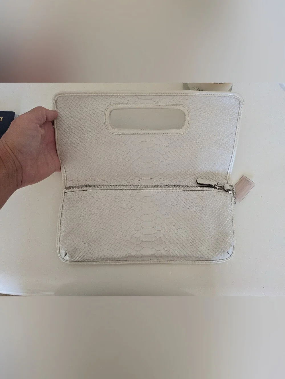 Coach Leather Lizard Embossed White Foldover Clutch